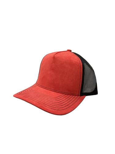 Ashen Fane Faux Suede Polyester Blend 5 Panel Classic Flat or Round Visor Adjustable Snapback Mesh Back Trucker Hat - color: Round - Red