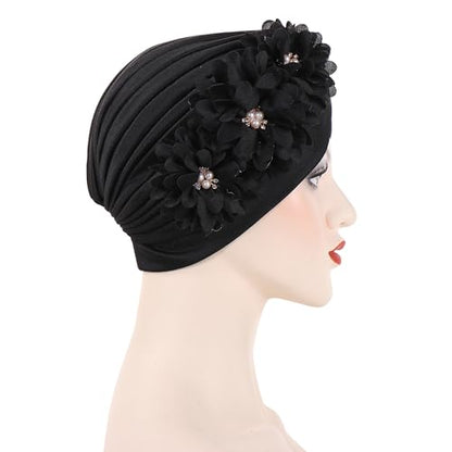 Flower Pre-Tied Turban Beanie, Soft Chemo Cap for Women Cancer Hair Loss - color: Black
