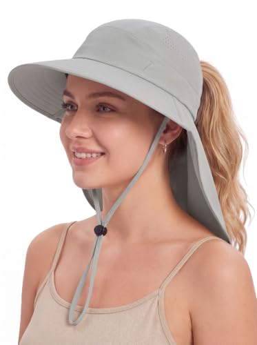 Connectyle UPF 50+ Sun Hat with Neck Flap Wide Brim Bucket Hats Breathable Fishing Hiking Gardening Safari Hat for Men Women - color: Light Grey