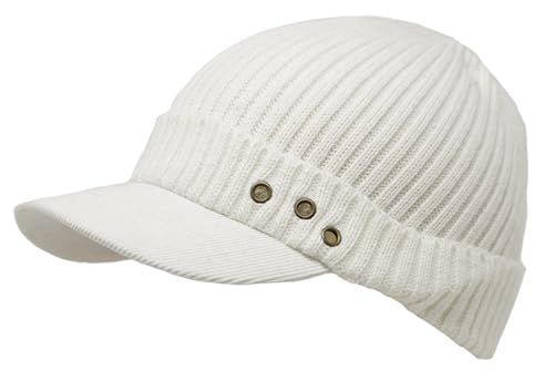 Stretch Knit Brim Beanie Hat for Men & Women – Warm Winter Cap with Visor, Soft Ribbed Cotton Acrylic Blend - color: White