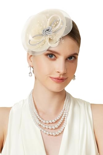 BABEYOND Fascinators Hats for Women Tulle Pillbox Knot Bead Tea Party Hat - color: Beige