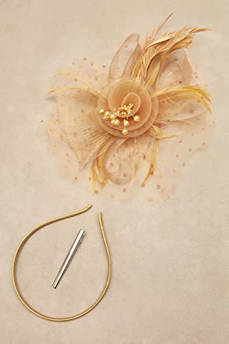 BABEYOND Fascinators Hats for Women Tea Party Flower Tulle Bead Derby Hat - color: Gold