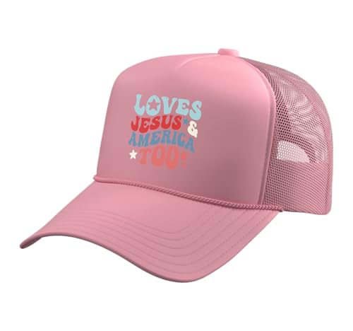 Loves Jesus and America Too 4th of July Groovy God Christian Trucker Hat with Adjustable Mesh Back - color: Pink