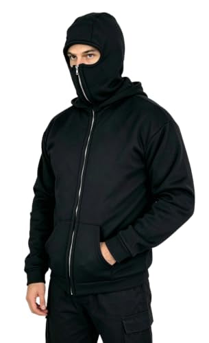 EUDOLAH Balaclava Jacket Zip Up Fashion Double Layer Hoodie Hip Hop Outerwear Jacket Y2K Clothing for Men and Women - color: Black, size: Large