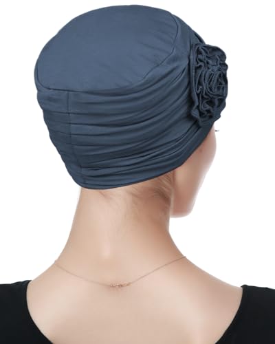 Alnorm Flower Design Chemo Hair Loss Caps Cancer Headwear for Women - color: Dark Blue Gray