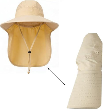 Ponytail Hole Kids Sun Hat with Neck Flap UV Protection Wide Brim Safari Hat for Boys Girls Breathable Mesh 6-12T - color: Beige