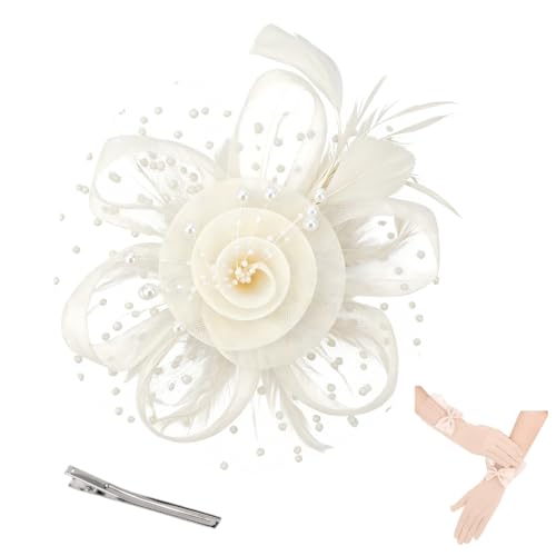 Womens Fascinators Hats and Gloves Set Short Lace Gloves Tea Party Flower Mesh Hair Clips - color: Beige