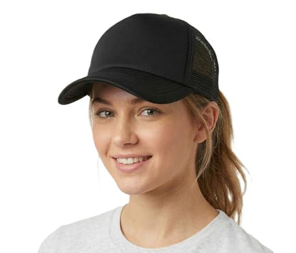 NYFASHION101 Plain Mesh Trucker Hat - Breathable 6-Panel Daily Snapback Cap, Customizable Ideal for DIY Embroidery & Patches - color: Black