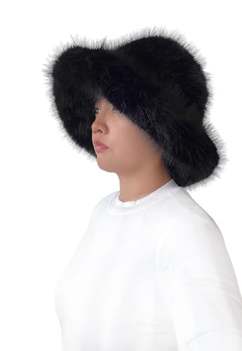 Lina & Lily Oversized Winter Faux Fur Bucket Hat for Women - Long Pile Fur Wide Moldable Brim - color: Black