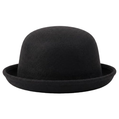 Rolled Brim Bowler Hat Soft Cotton Felt Round Hat Black