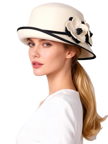 HIMESPORT Women's Black White Wool Felt Cloche Hat with Flower Formal Church Tea Party Dress Cocktail Rolling Brim Hats - color: White