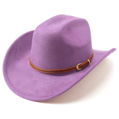 Western Cowboy Hats for Women Classic Felt Wide Brim Fedora Hat with Belt Buckle Retro Panama Hat Unisex Rolled up Cap - color: Suede Cowboy Hats : Purple, size: Medium