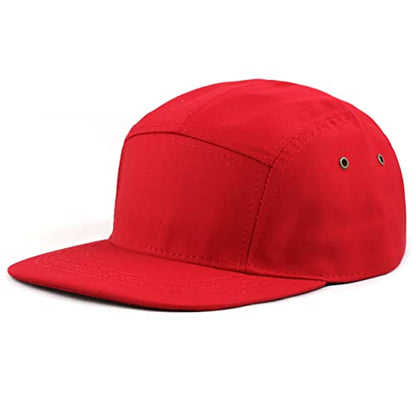 The Hat Depot Made in USA Cotton Twill 5 Panel Flat Brim Genuine Leather Brass Biker Board Cap - color: Red