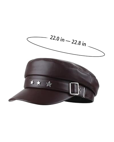 BOLLEY JOSS Womens Fashion Newsboy Cap Faux Leather Bakerboy Hat Stars Buckle Beret Paperboy Fiddler Captain Sailor Hats - color: Brown