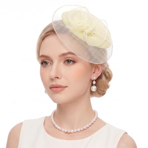 Fascinator Hat for Women Tea Party Pillbox Hats for Cocktail Dresses - color: Ivory