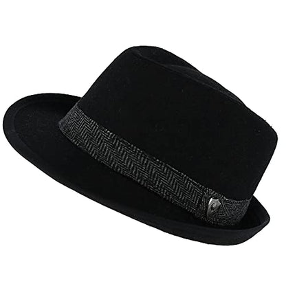 Men’s Fedora, 2” Brim, Classic Wool Blend with Herringbone Band - color: Black, size: Medium