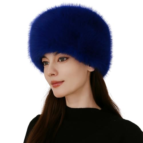 Women's Winter Faux Fur Cossack Russian Style Hat, Soft Stretch Warm Cap - color: Blue