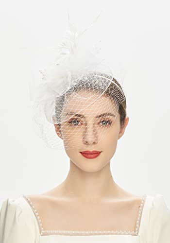 Kentucky Derby Fascinators for Women High Tea Party Hat Wedding Cocktail Flower Headware with Mesh and Feathers - color: A-white