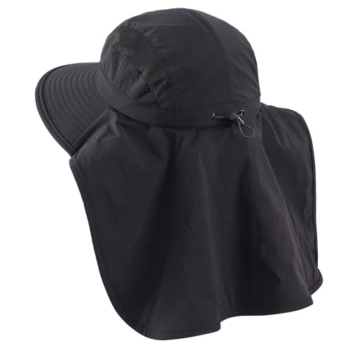 Connectyle UPF 50+ Wide Brim Sun Hat for Men Women Outdoor UV Protection Fishing Hat with Neck Flap Cover Safari Bucket Hats - color: Black