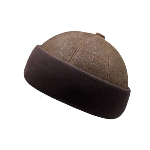 Lukkizara Winter Sheepskin Leather Fur Knit Beanie Cuff Round Bucket Winter Ski Hat - color: Grey