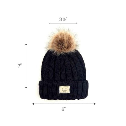 C.C Kids' Suede Patch Snuggly Soft Warm Knit Pom Cuff Beanie - color: Cable Knit Faux Fur, Black