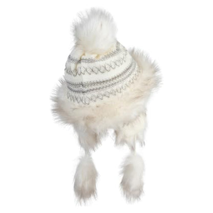 Cross Stitch Knit Fleece Lined Faux Fur Trapper Beanie Hat with String - color: Cream