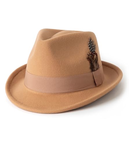 Lisianthus Short Brim Fedora Unisex Trilby Hat with Feather Band - color: Camel