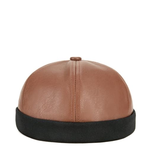 Unisex Faux Leather Docker Cap Brimless Leon Hat Skull Cap Beanie for Men Women - color: Brown