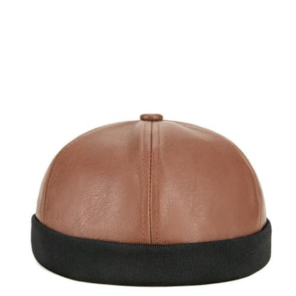 Unisex Faux Leather Docker Cap Brimless Leon Hat Skull Cap Beanie for Men Women - color: Brown