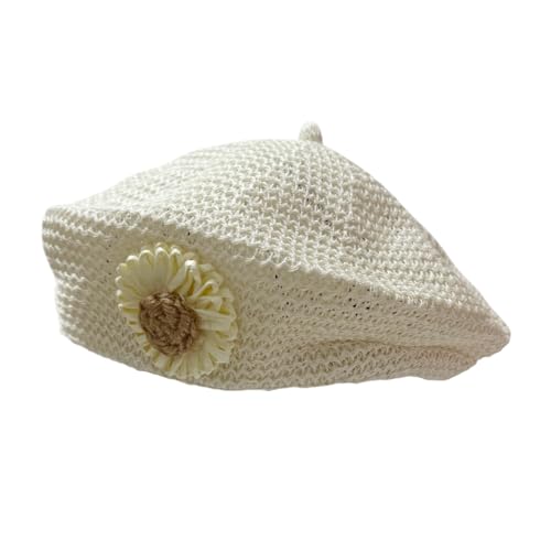 Women Summer French Beret Lady Slouchy Crochet Beret Hats 3D Flower Artist Painters Woven Beach Beanie Cap - color: White+beige
