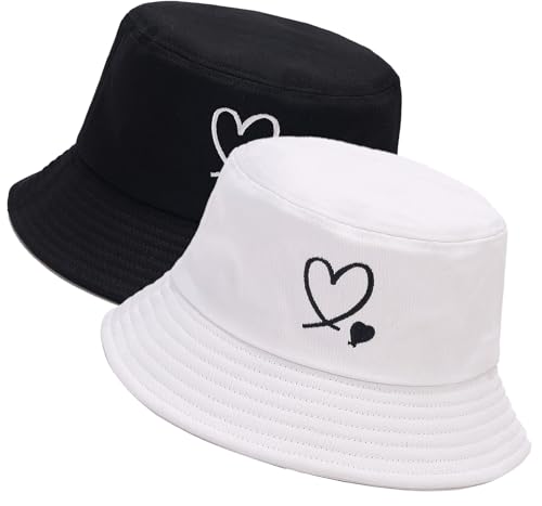 XYIYI 2 Pack Unisex Bucket Hat for Women Men Summer Beach Fishing Hat Sun Hat - color: Double Heart Black White