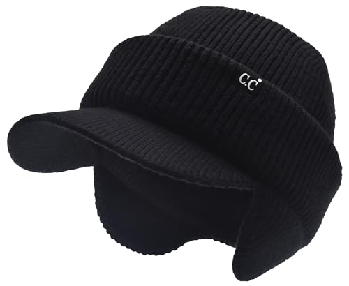 C.C Beanie Strechy Snug Fit Soft Knit Hat with Visor Brim & Ear Warmer Flaps - color: Black