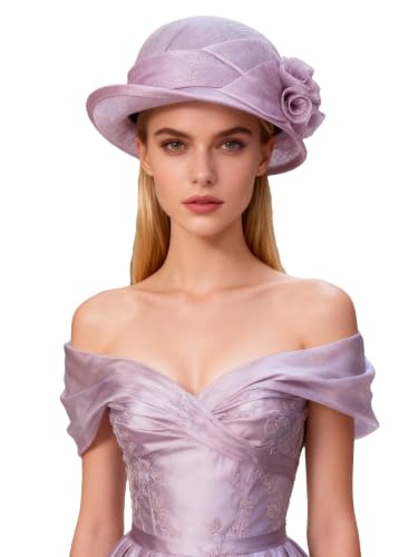 HIMESPORT Retro Sinamay Veil Flower Bride Wedding Fascinator Hat Feather Bowler Hat Hair Accessory Banquet Cocktail Party - color: Light Purple