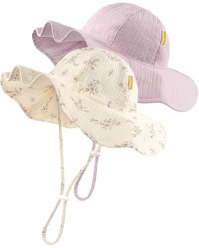 HONGTEYA Baby Sun Hat Muslin Wide Brim Toddler Girl Beach Bucket Hat - color: Purple/Floralr, size: 0-6 Months