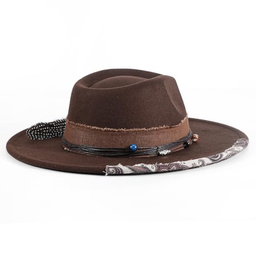 Big Brim Fedora Mens Women Boho Hat Handmade Dress Up Hats - color: Brown