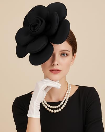 Zinniday Rose Flower Fascinators Hats - 2026 Elegant Extra Large Fascinator Hat Rose Cocktail Headpiece for Women Church - style: Black Large Flower