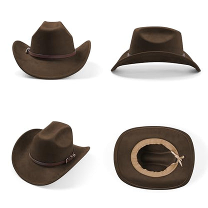 Cowboy Hats for Women and Men with Wide Brim Felt Suede Western Hats for Cowgirls and Cowboys - color: Coffee