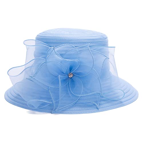 Womens Wedding Occasion Floral Wide Brim Church Dressy Sun Hat A323 - color: Blue