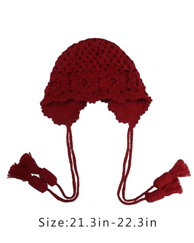 MINGSEECESS Women Girls Knitted Beanie Hat Crochet Braided Knit Warmer Cap Skiing Snowboarding Ear Flap Hats - color: Knitted-red