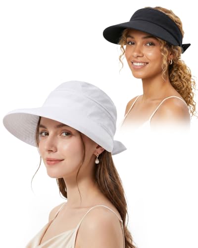 CHUNG 2 Pack Women Sun Visor Hat Wide Brim Summer UV Protection Zip-Off - color: White/Black