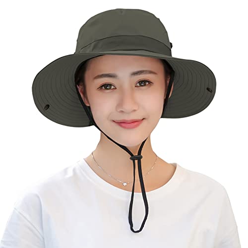 Muryobao Women's Ponytail Sun Hat UV Protection Foldable Mesh Wide Brim Beach Fishing Hat - color: Pure Army Green