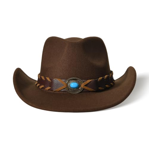 Classic Western Cowboy Hat Cowgirl Hat Unisex Men's & Women's Wide Brim Felt Fedora Hat Flat Top with Buckle Belt - color: Brown 2#, size: 7-7 1/4