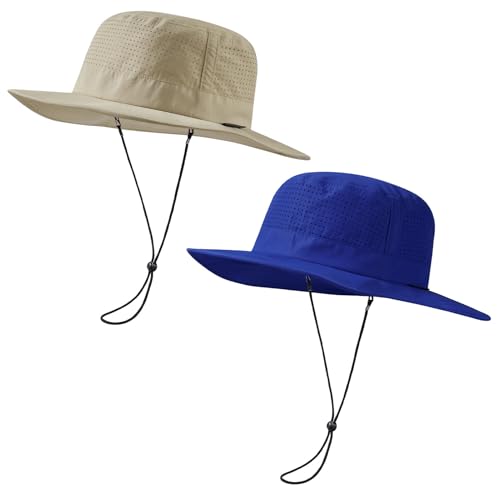 UPF 50+ Bucket Sun Hat with Laser Perforated Mesh Cooling Adjustable Breathable Lightweight for Outdoor Men Women - color: Khaki & Royal Blue