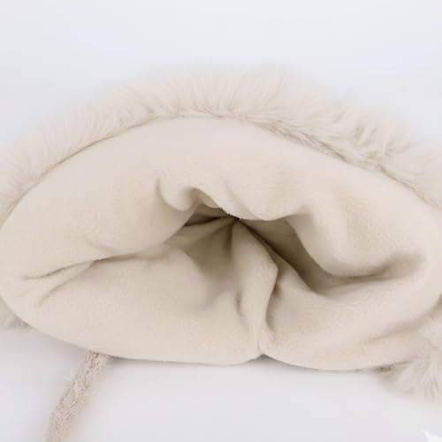 Women Winter Sherpa Beanie Hats Knit Ear Flap Hat Fleece Lined - color: Beige With 3 Pompoms