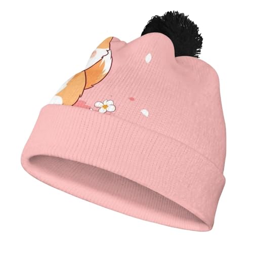 Girls Boys Winter Warm Knit Beanie Pompom Elasticity Slouchy Hat Skull Caps for Childrens - color: Corgi and Flower