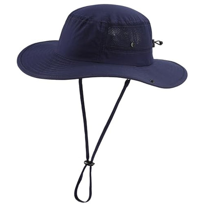 Home Prefer UPF50+ Mens Sun Hat Wide Brim Womens UV Protection Beach Bucket Hat for Fishing Hiking Snap Up Cowboy Hat - color: Navy Blue