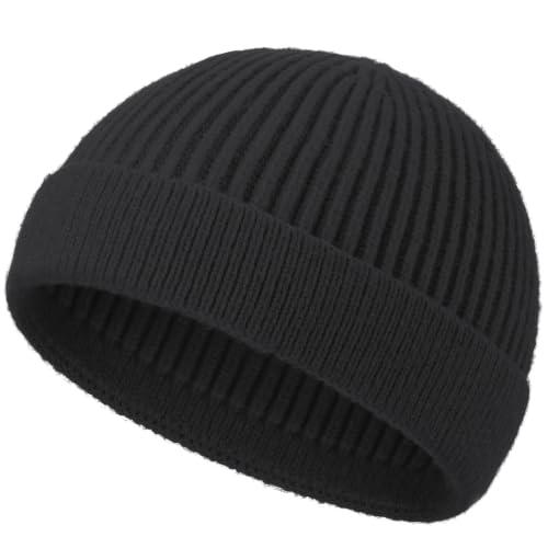 Short Beanie for Men Women, Wool Knit Cuff Winter Fisherman Hats - color: 1pcs-black