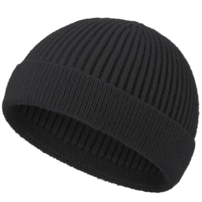 Short Beanie for Men Women, Wool Knit Cuff Winter Fisherman Hats - color: 1pcs-black