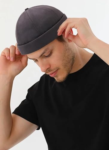 2 Pcs Mens Brimless Docker Cap Set - Retro Worker Sailor Skull Cap Beanie with Rolled Cuff - color: Gray
