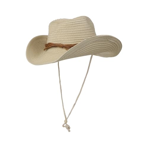 Unisex Straw Cowboy Hat Wide Brim Western Sun Hat Adjustable Beach Cowgirl Hat for Summer Outdoor Sun Protection - color: Beige,woven Strap